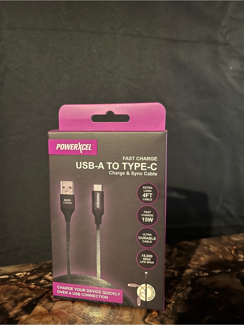 PowerXcel USB-A to Type-C Fast Charge Cable - Pink/Black